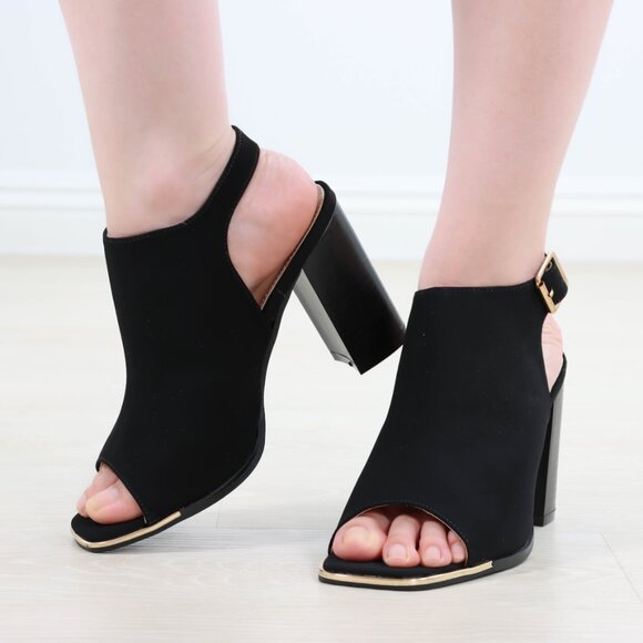 Block Heel Peep Toe Sandals Women’s Black Velvet Gold Buckle Ankle Strap - Picture 5 of 15